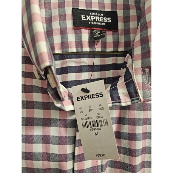 Mens Express Extra Slim Performance Button Down-Pink Gray White Medium 15-15 1/2 - Picture 11 of 13
